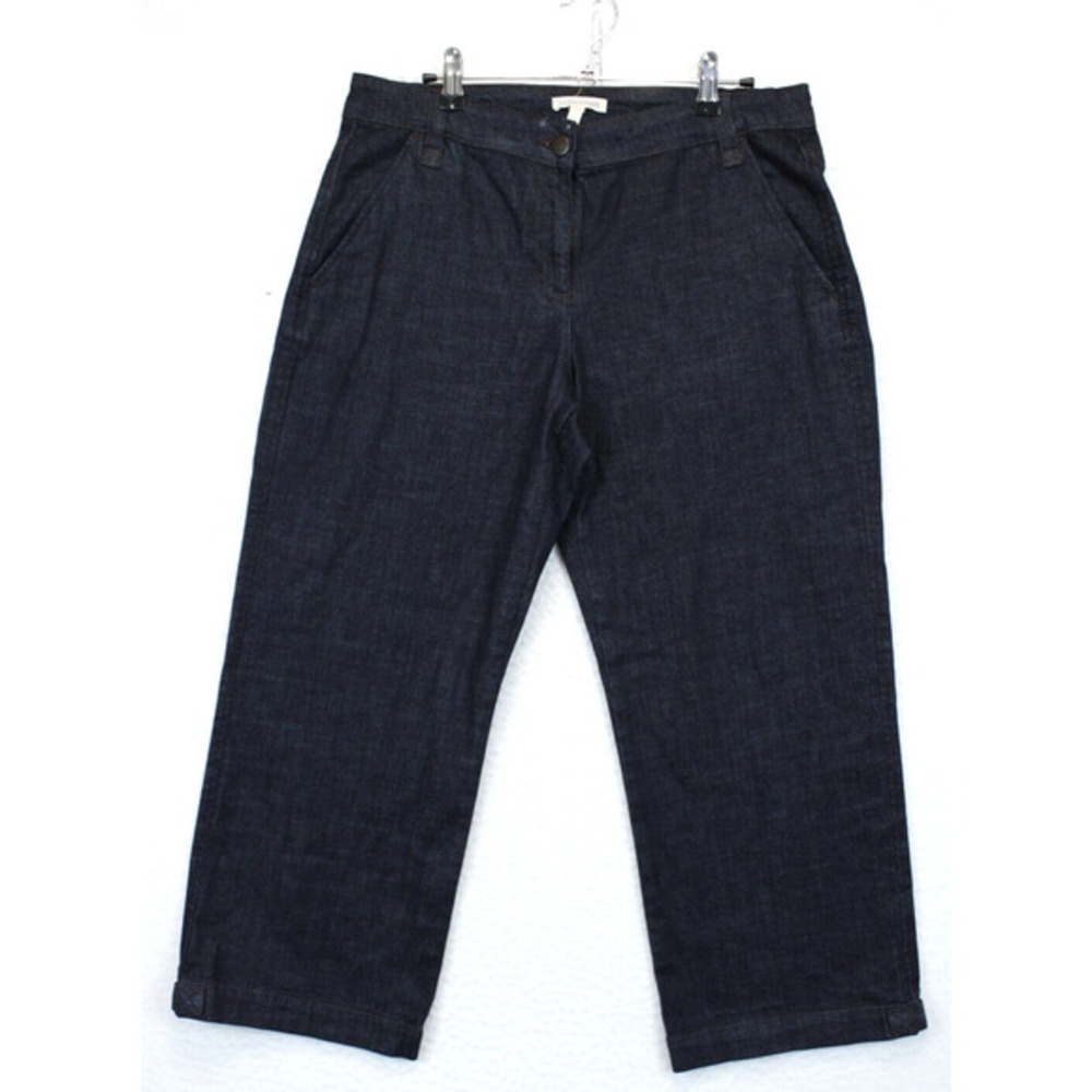 Eileen Fisher Denim Crop Pants M Dark Wash Button Cuff Straight Leg Trouser Jean